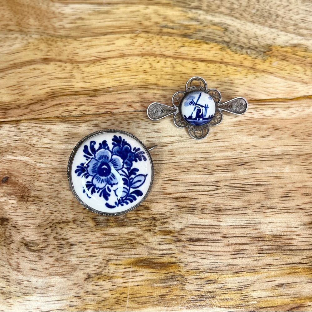Delfts Vintage Flower Windmill Brooch Pins (Set of 2) Made in Holland Porcelain
